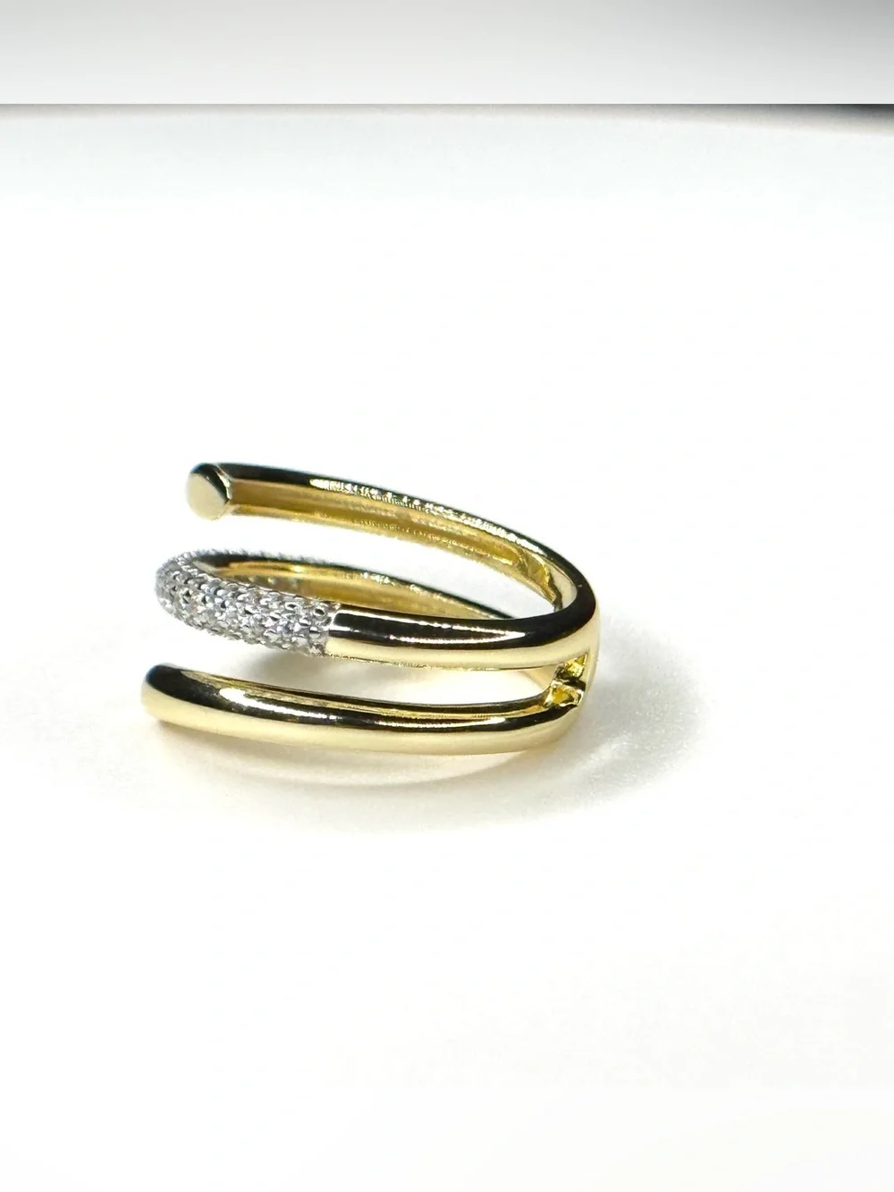 18K Gold and Silver Pavé Spiral Open Ring